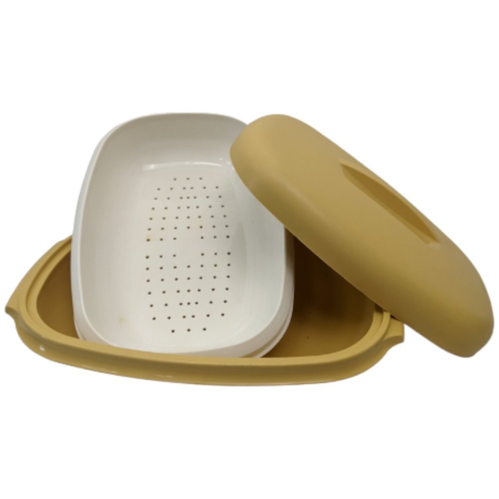 Tupperware Steamer Harvest Gold 3 Piece Microwave Vegetable Rice Vintage